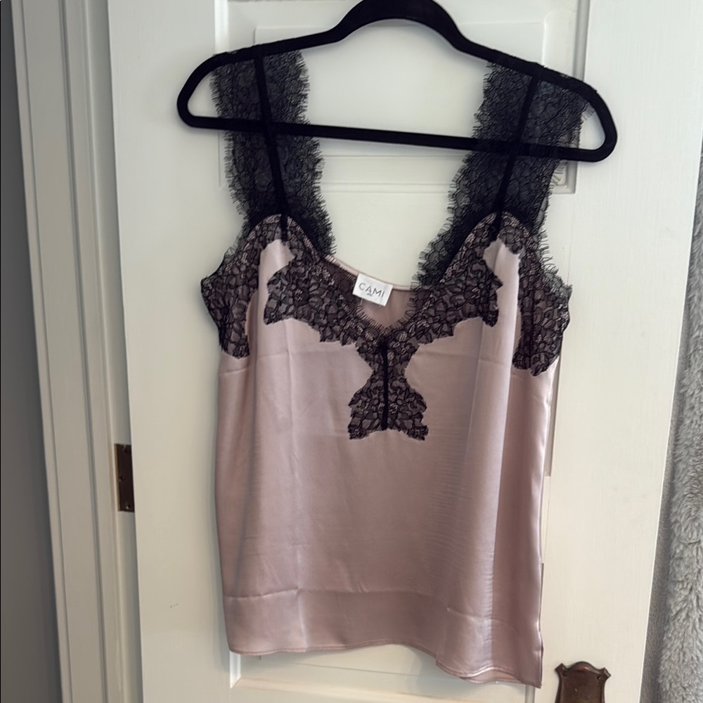 Cami NYC Lace Trim Satin Camisole in Blush and Black
